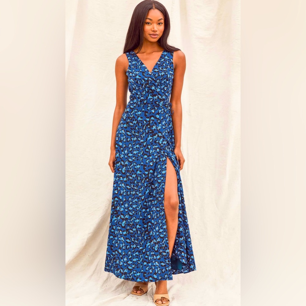 Blue V-Neck Floral Wrap Maxi Dress with Side Slit